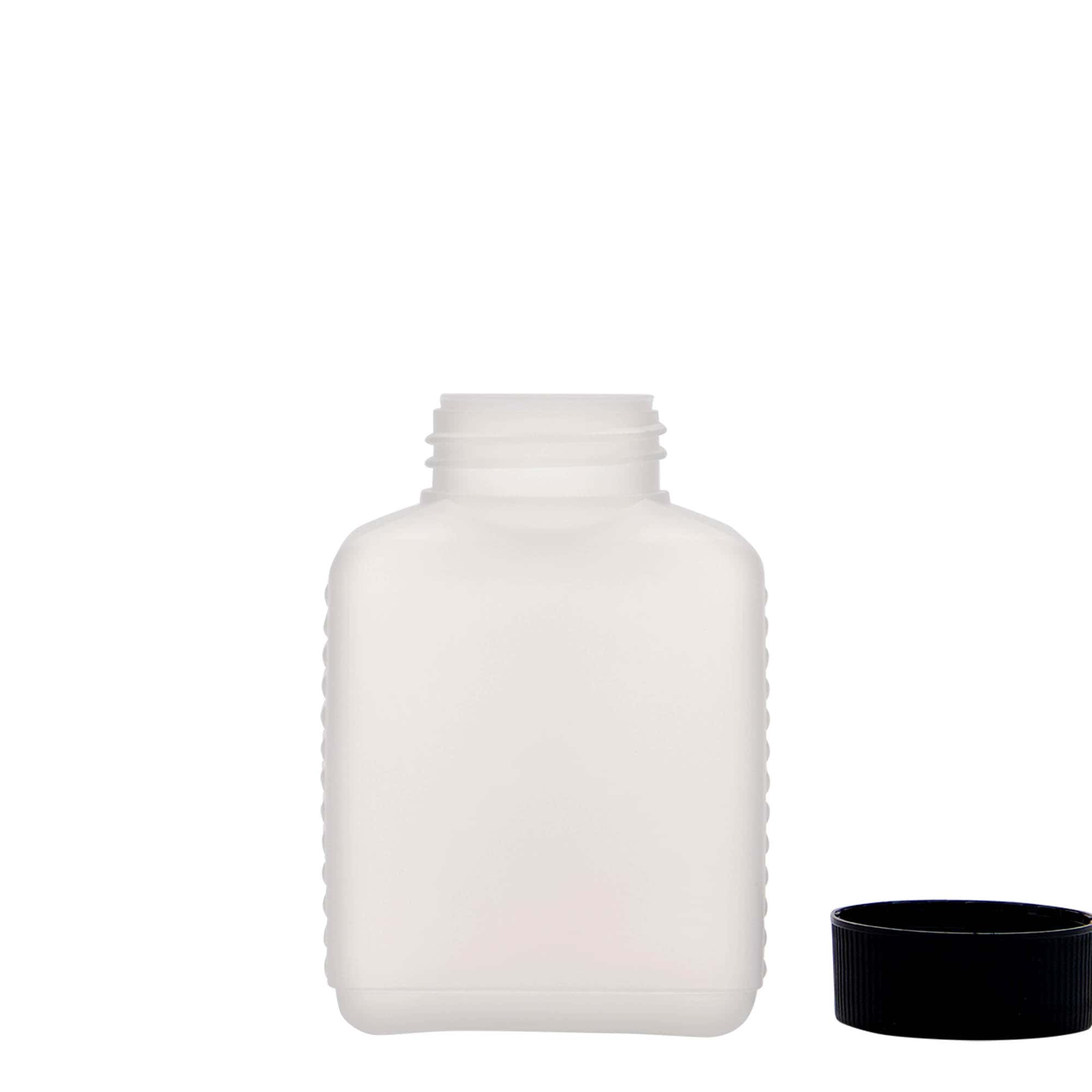 Fles met brede hals, 250 ml, rechthoekig, HDPE-kunststof, naturel, monding: DIN 40 EPE