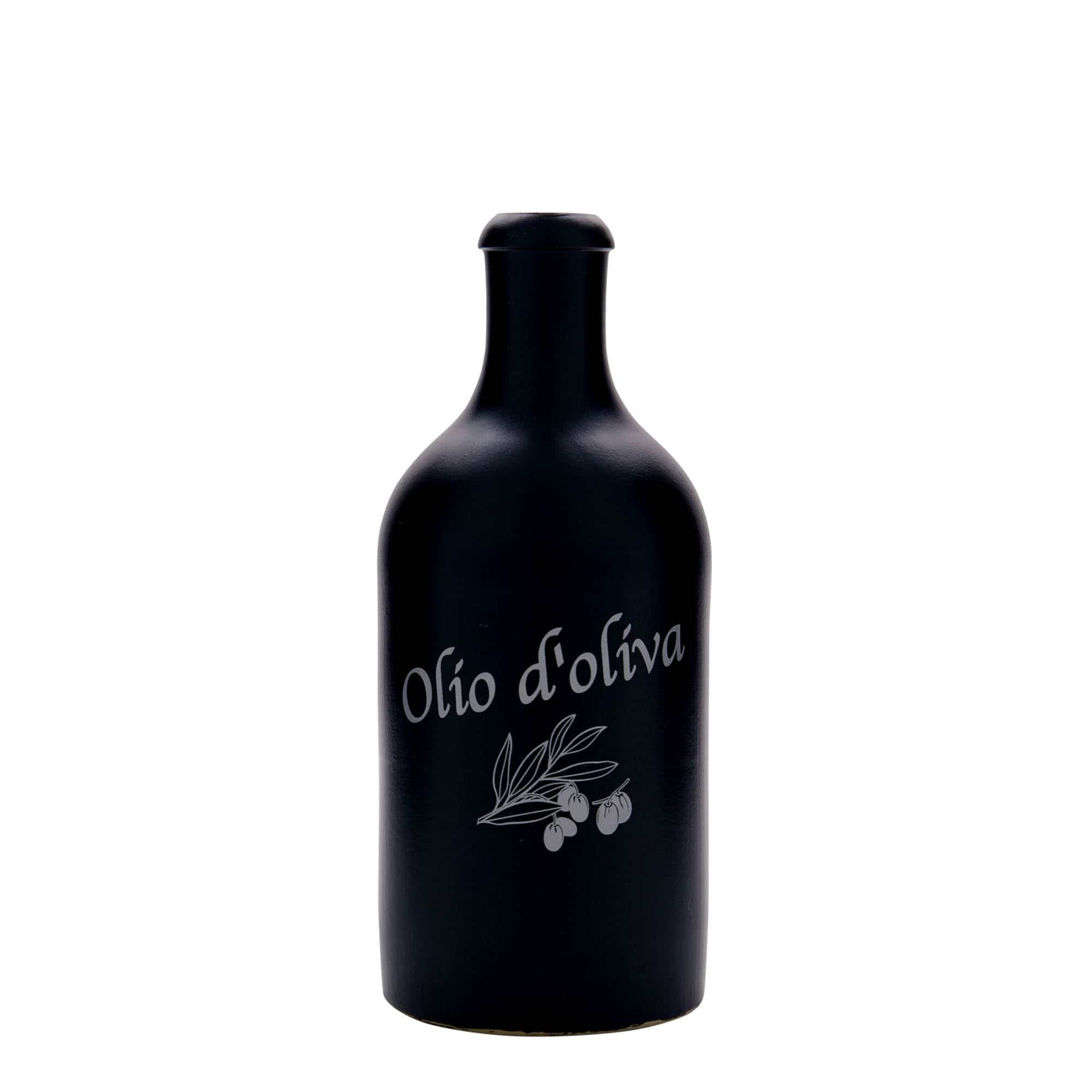 Chope en terre cuite 500 ml, motif : huile d’olive, grès, noir, bouchage: bouchon