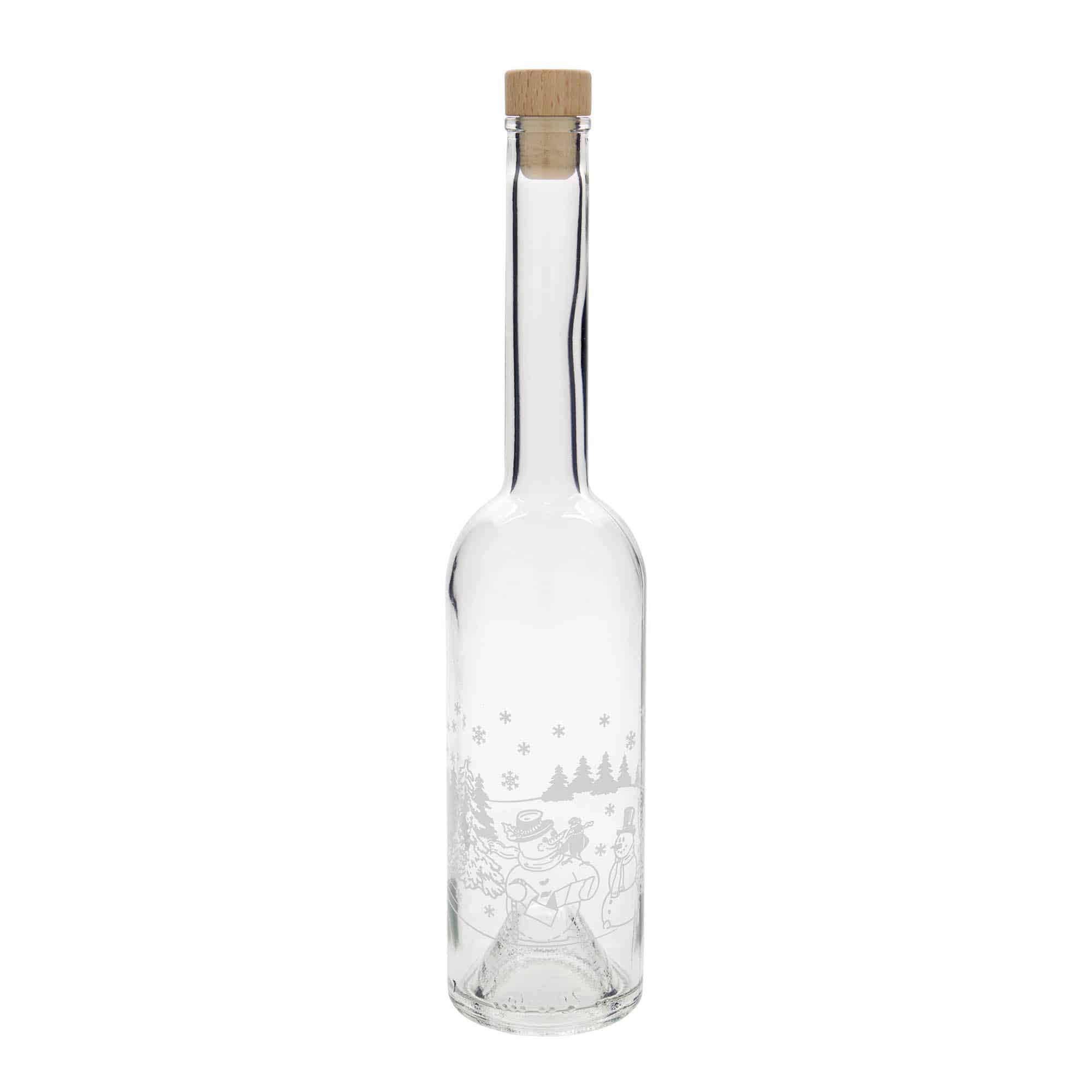 Bouteille en verre 500 ml 'Opera', motif : bouteille bonhomme de neige, bouchage: bouchon