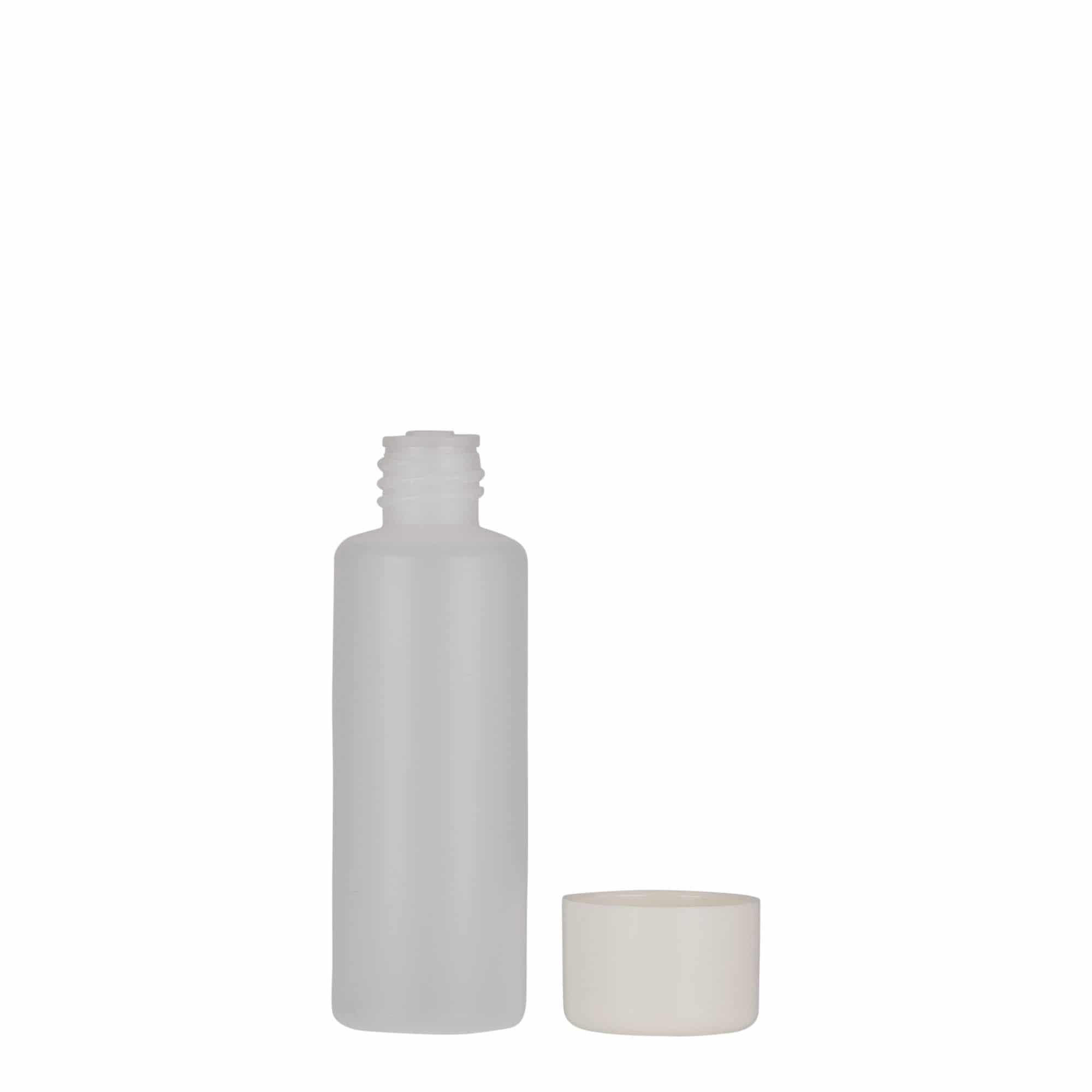 Bouteille ronde 50 ml, plastique PE, nature, bouchage: Bougage à vis