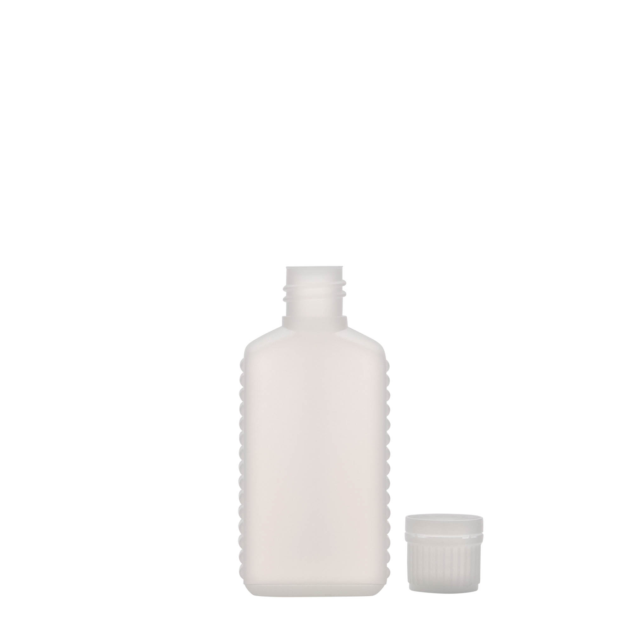 Bouteille bidon à col étroit 50 ml, rectangulaire, plastique PEHD, nature, bouchage: DIN 18