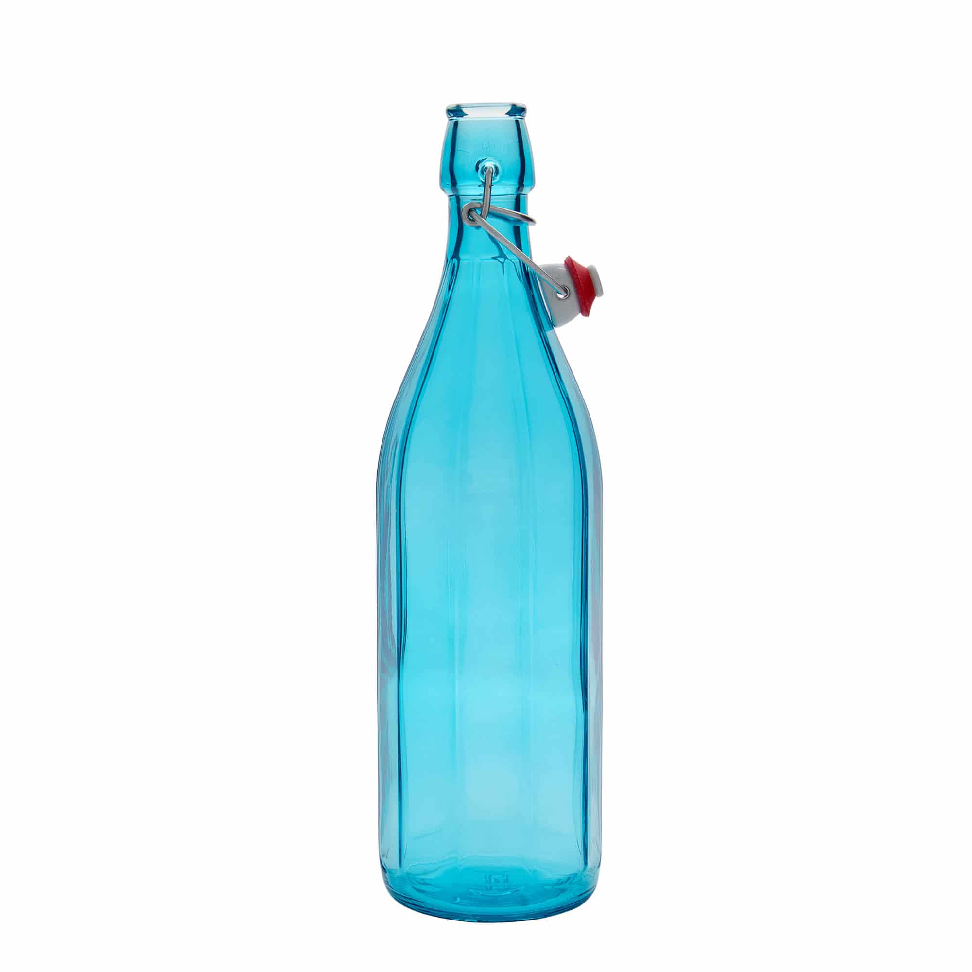 Glazen fles 'Oxford', 1000 ml, tienhoekig, azuurblauw, monding: beugelsluiting