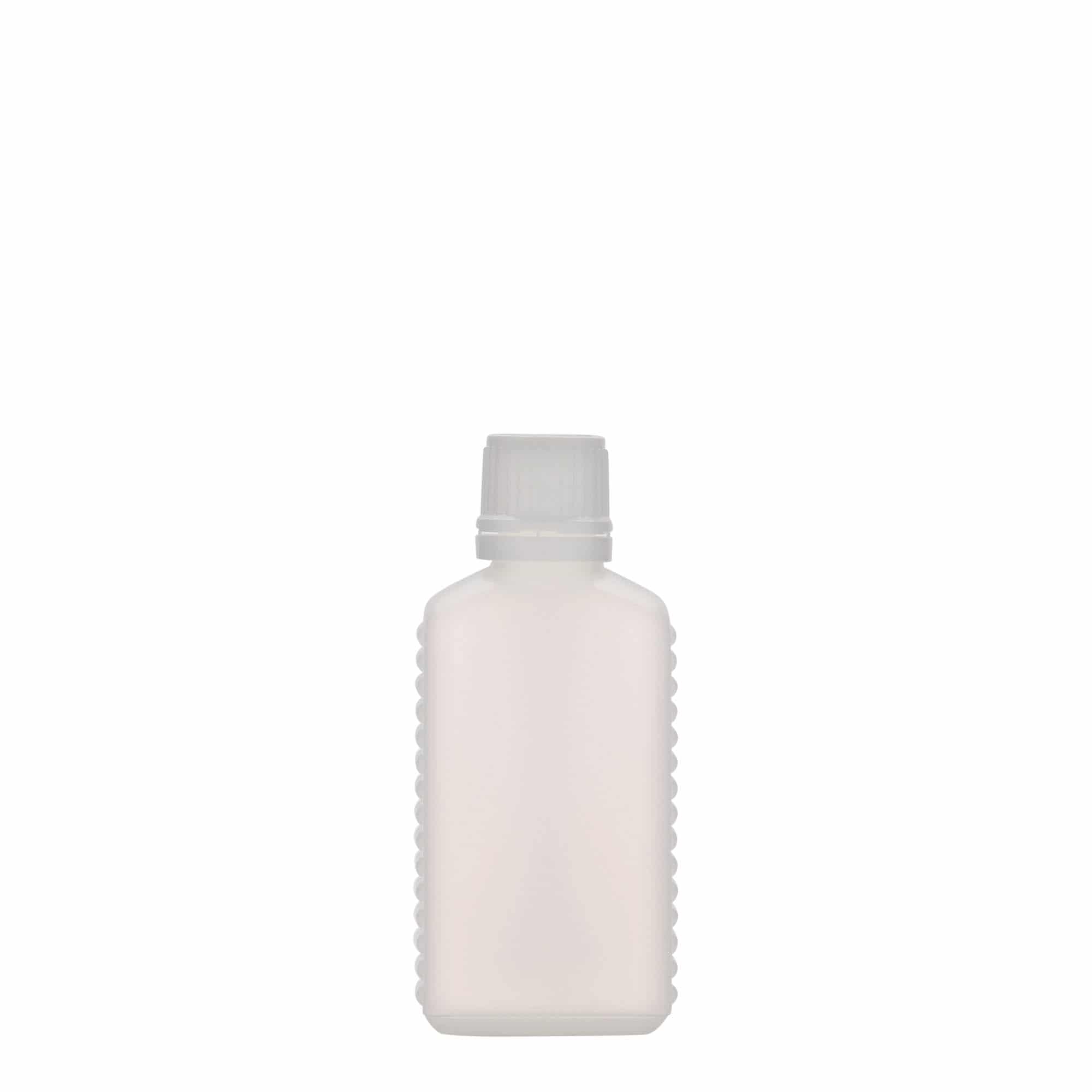 Bouteille bidon à col étroit 50 ml, rectangulaire, plastique PEHD, nature, bouchage: DIN 18